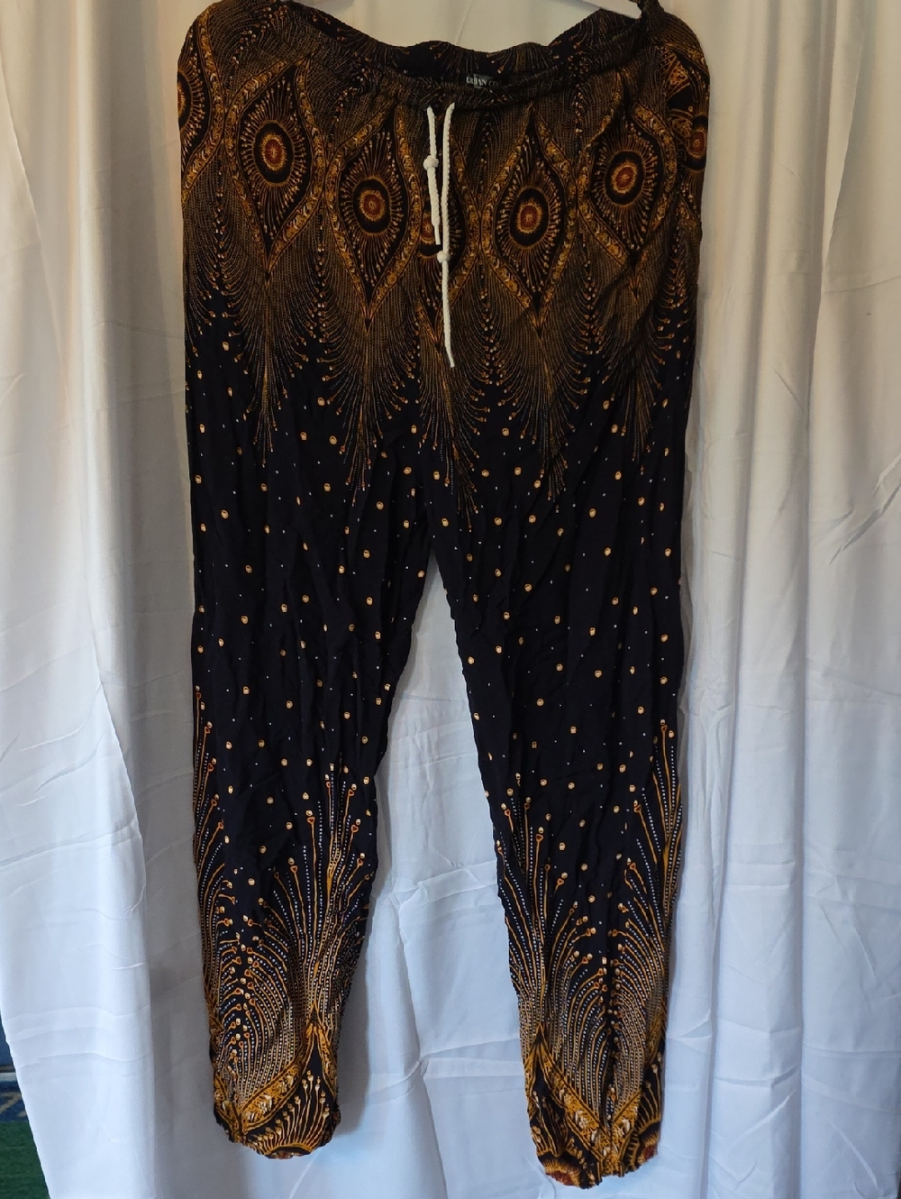 Black and Gold Peacock Print Harem Pants